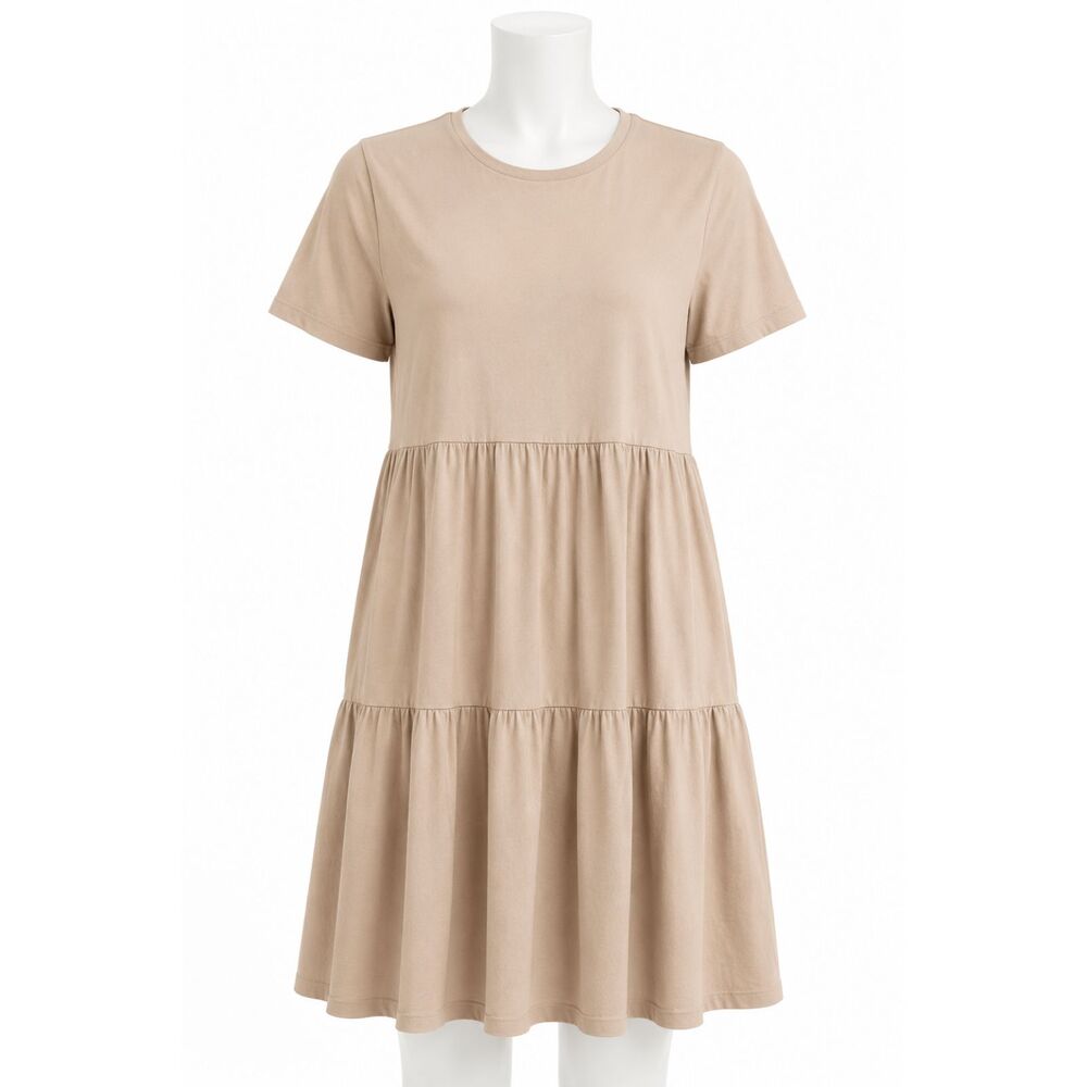 Boohoo NWT Stone Camel Tiered Smock Dress Sz 10 Short Sleeve Casual Knee Length